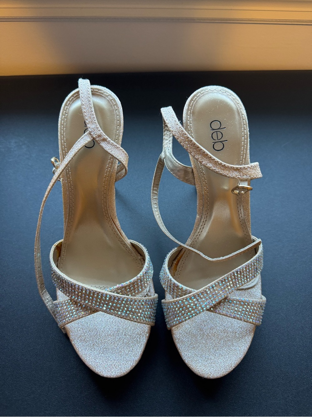 Deb Champagne Rhinestone Strappy Heels